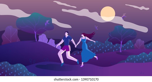 Romance Walk at Full Moon Night Cartoon Flat. Boy and Girl Night Run Through Woods or Park. Romantic Night Entertainment for Couple. Planned Leisure and Entertainment for Couples, Cartoon.