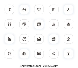 Romance and wedding line icons set. Rings, gift, heart, letter, dress, cake and other buttons. Vector outline pictograms for web and ui, ux mobile app design. Editable Stroke. 24x24 Pixel Perfect.