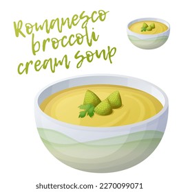 Romanesco broccoli cream soup vector icon isolated on white background. Vegetable dinner in the bowl cartoon illustration, healthy green food