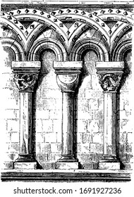 Romanesque arches, an architectural style of medieval Europe, semi-circular arches,  the most commonly held, vintage line drawing or engraving illustration.