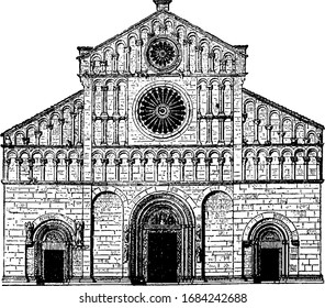 Romanesque cathedral, Archiepiscopal cathedral at Zara,  Romanesque architecture, vintage engraving. 