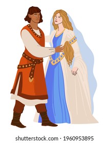 Hombre y mujer románica usando disfraces tradicionales y accesorios de tiempos antiguos. Hombres y mujeres vestidos con ropa. Príncipe y princesa, matrimonio o vestimenta diaria. Vector de estilo plano