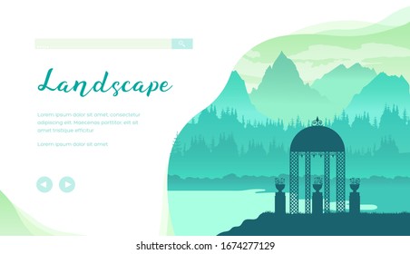 A Romanesque-style gazebo set against a backdrop of mountainous terrain and a lake. Park pavilion in the colors of the setting sun. Vector illustration design concept.