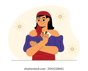 Romani woman with tarot cards depicts the beauty of mystery and ancient traditions, gypsy vector illustration.