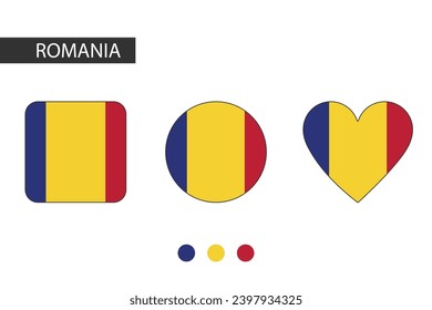 Rumania 3 formas (cuadrado, círculo, corazón) con bandera de la ciudad. Aislado sobre fondo blanco.