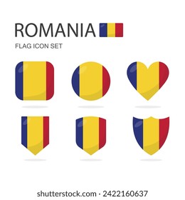 Romania 3d flag icons of 6 shapes all isolated on white background.