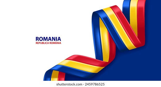 Romania 3D ribbon flag. Bent waving 3D flag in colors of the Romania national flag. National flag background design.