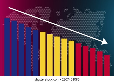 Romania Bar Chart Graph, Decreasing Values, Crisis And Downgrade Concept, Romania Flag On Bar Graph, Down Arrow On Data, News Banner Idea, Fail And Decrease, Financial Statistic