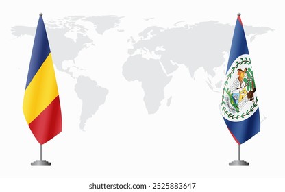 Romania and Belize flags for official meeting against background of world map.