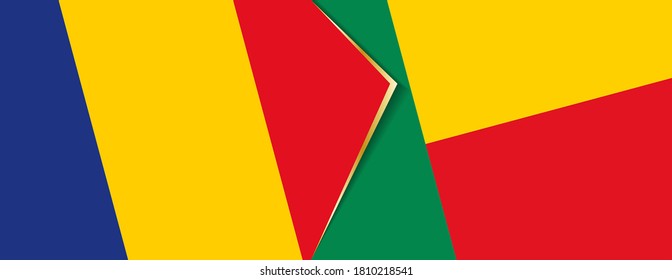 Romania and Benin flags, two vector flags symbol of relationship or confrontation.