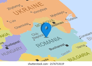 Romania with blue placeholder pin on europe map, close up Romania, colorful map with location icon, travel idea, vacation and road trip concept, pinned destination, top view