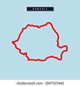 Romania bold outline map. Glossy red border with soft shadow. Country name plate. Vector illustration.