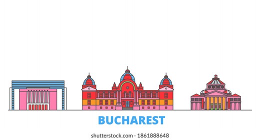 Romania, Bucharest line cityscape, flat vector. Travel city landmark, oultine illustration, line world icons