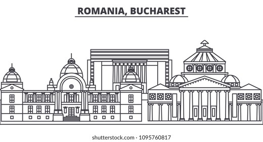 Romania, Bucharest line skyline vector illustration. Romania, Bucharest linear cityscape with famous landmarks, city sights, vector landscape. 