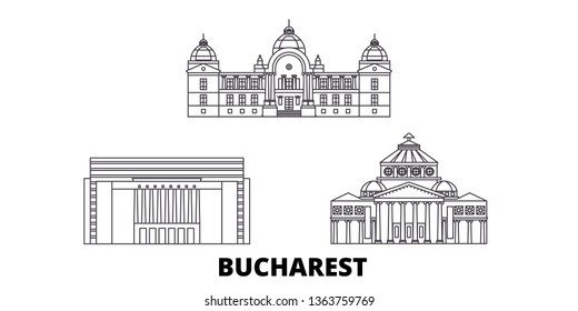 Romania, Bucharest line travel skyline set. Romania, Bucharest outline city vector illustration, symbol, travel sights, landmarks.
