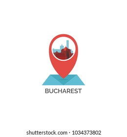 Romania Bucharest map pin point geolocation modern skyline pointer shape vector logo icon illustration