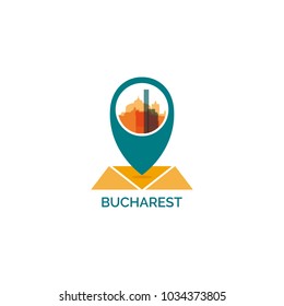 Romania Bucharest map pin point geolocation modern skyline shape pointer vector logo icon illustration