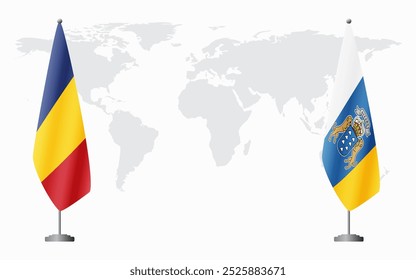 Romênia e Ilhas Canárias bandeiras para reunião oficial contra fundo do mapa do mundo.