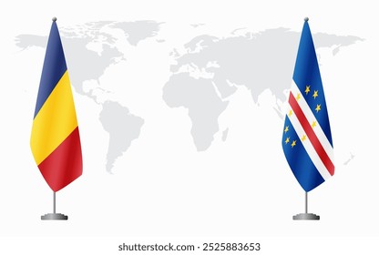 Romania and Cape Verde flags for official meeting against background of world map.