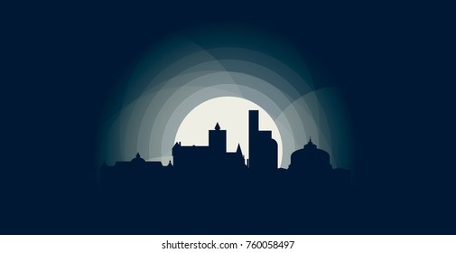 Romania capital Bucharest blue night moon sunset city panorama landscape skyline flat icon logo