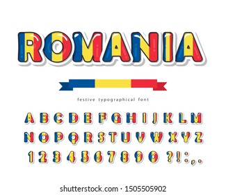 Romania cartoon font. Romanian national flag colors. Paper cutout glossy ABC letters and numbers. Bright alphabet for tourism design. Vector illustration