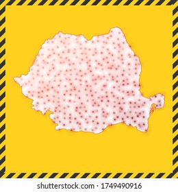 Romania closed - virus danger sign. Lockdown country icon. Black striped border around map with virus spread concept. Vector illustration.