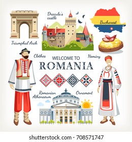 Romania collection of traditional objects symbols of country architecture food clothes