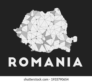 Rumania - mapa de la red de comunicación del país. Rumania diseño geométrico de moda sobre fondo oscuro. Tecnología, internet, red, concepto de telecomunicaciones. Ilustración vectorial.