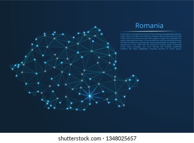 Romania communication network map. Vector low poly image of a global map with lights in the form of cities in or population density consisting of points and shapes in the form of stars and space.