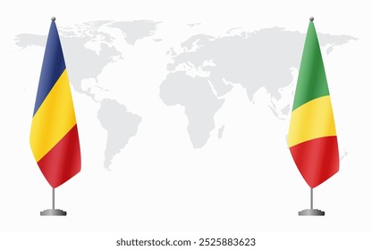 Romania and Congo Brazzaville flags for official meeting against background of world map.