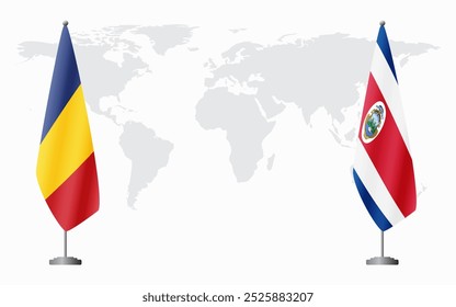 Banderas de Rumania y Costa Rica para reunión oficial en el contexto del mapa mundial.