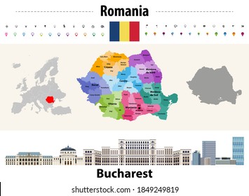 Romania countries colored by regions map. Flag of Romania. Bucharest cityscape. Vector illustration