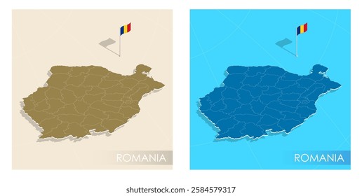 Romania country flag installed on geographic positioning map point of country territory. Romanian commonwealth banner on land and sea. Festive patriotic HD format template for independence day