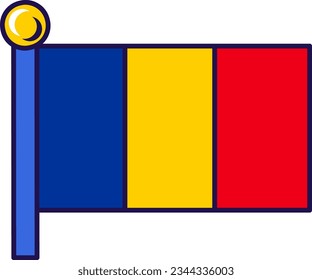 Romania country flag on flagpole for registration of solemn event, meeting foreign guests. Romania official flag on pole of participating states. Simple vector isolated on white background