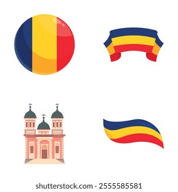 Romania country icons set cartoon vector. Romanian architecture and country flag. Travel concept