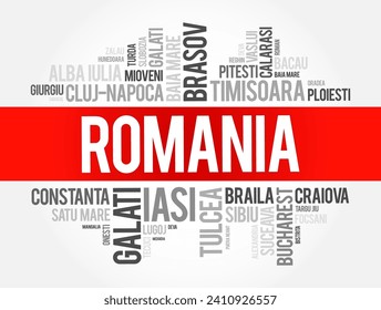 Romania - is a country located at the crossroads of Central, Eastern, and Southeast Europe, word cloud concept background