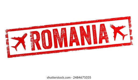 Romania - is a country located at the crossroads of Central, Eastern, and Southeast Europe, text emblem stamp with airplane. No AI generated content