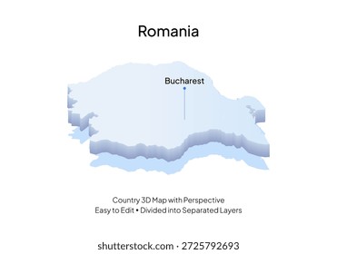 Romania Country Map, with 3D perspective clean style, highlighted at Bucharest capital city 