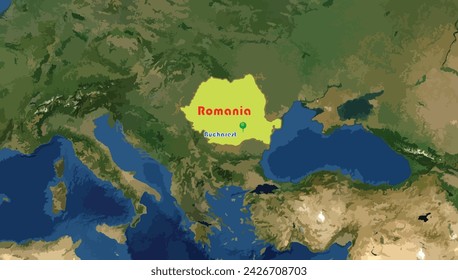 Romania country map and Bucharest, its capital city on the world background. The Dracula and his castle, Danube Delta, painted churches of Moldavia are some of famous vacation spots worth for tourists