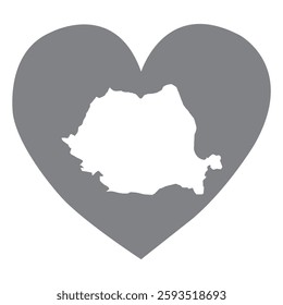 Romania country map inside a grey love heart national pride