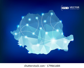 Romania country map polygonal with spot lights places