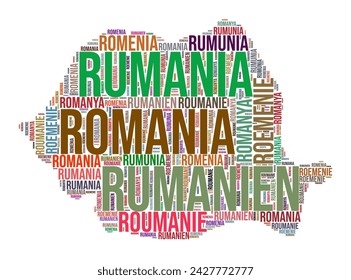 Rumänien Land Form Wort Wolke. Typografie Stil Land Illustration. Rumänisches Bild im Text-Cloud-Stil. Vektorgrafik.