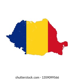 Romania country silhouette with flag on background on white
