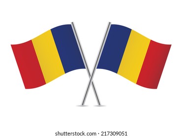 Romania crossed flags. Romanian flags on a white background. Vector icon set. Vector illustration.