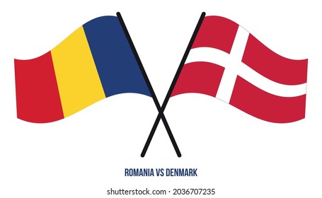 Romania and Denmark Flags Crossed And Waving Flat Style. Official Proportion. Correct Colors.