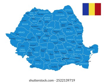 Rumania - mapa azul detallado del país con las ciudades y regiones. Ilustración vectorial.