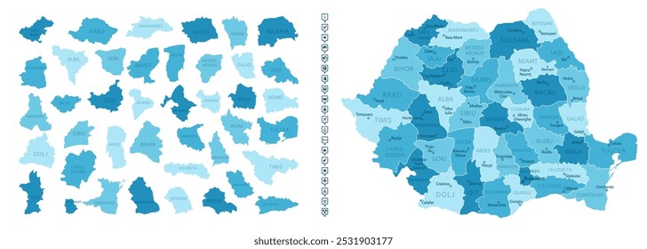 Romênia - mapa detalhado do país em cores azuis, dividido em regiões. Ícones infográficos. Ilustração vetorial.