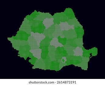 Romania dotted map. Digital style map of the country on a dark background. Romania shape with circle dots. Colored dots style. Small size circles. Stylish vector illustration.