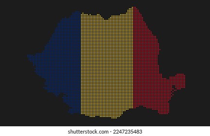 Romania dotted map flag with grunge texture in mosaic dot style. Abstract pixel vector illustration of a country map with halftone effect for infographic. 