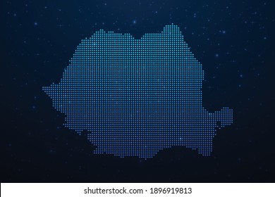 Romania dotted map in futuristic style, glowing outline made of stars lines dots. Communication, internet technologies concept on dark blue space background. Vector illustration.